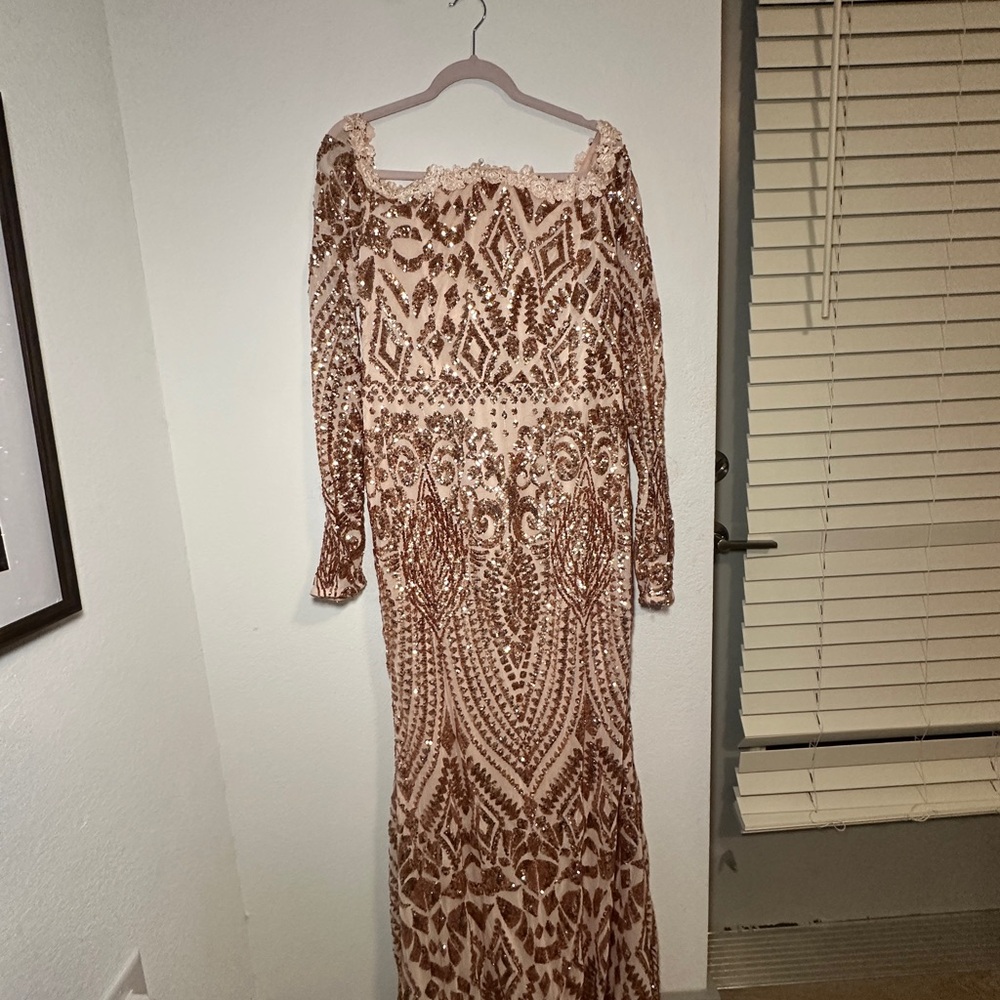 Fashion Nova Tan and Cream Off the Shoulder Gown